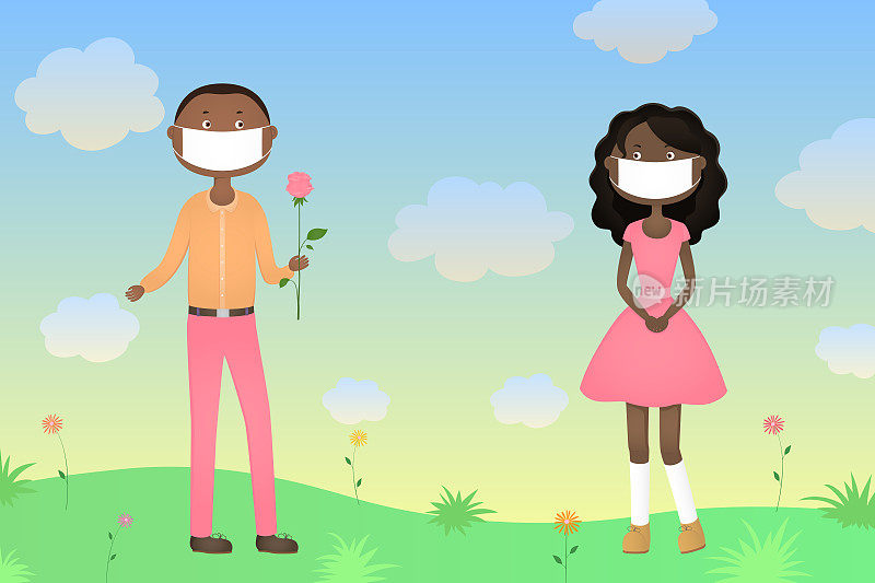 African man in mask give woman a flower. Vector illustration